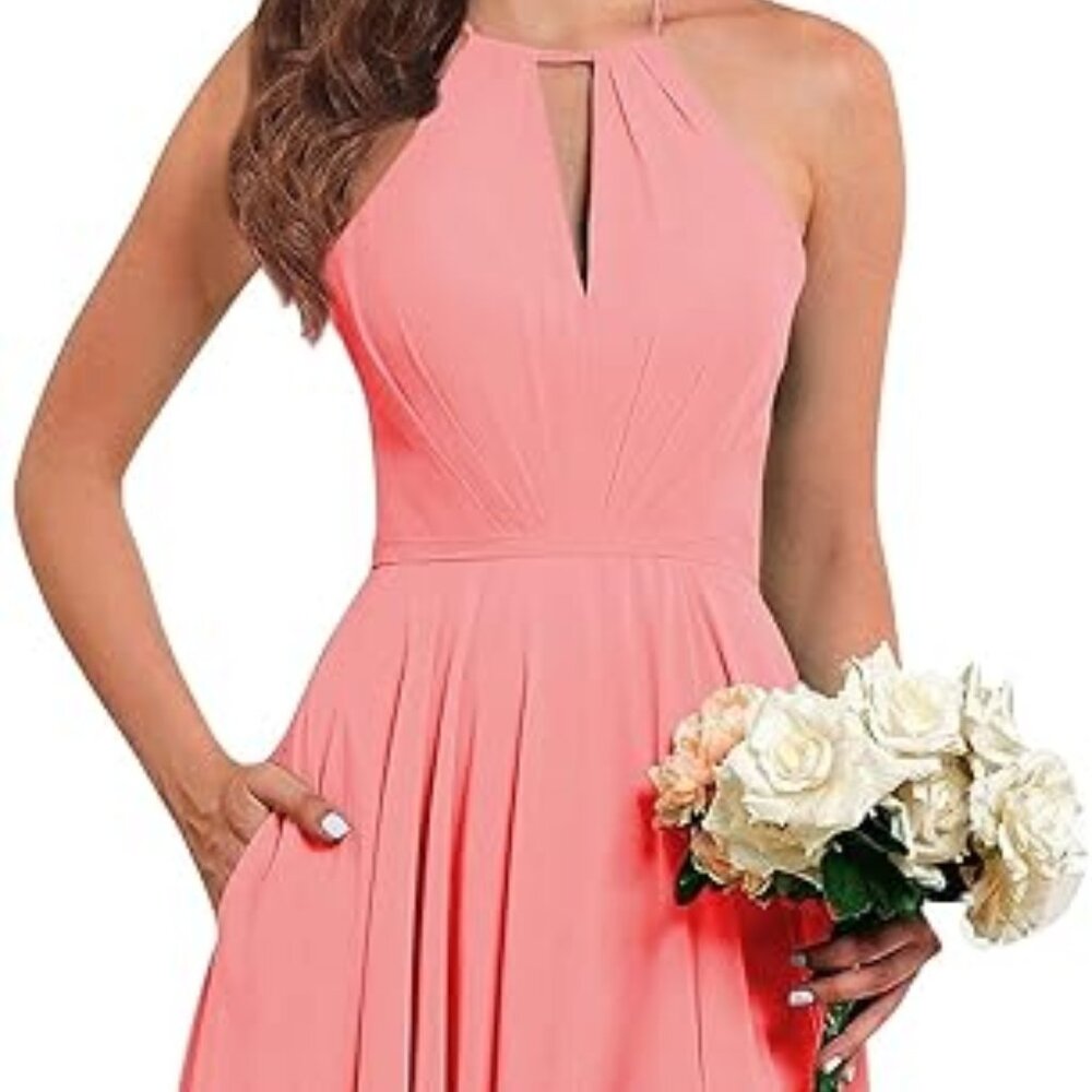 Women's Halter Chiffon Bridesmaid Dresses with Slit Long Pleated Evening Dress